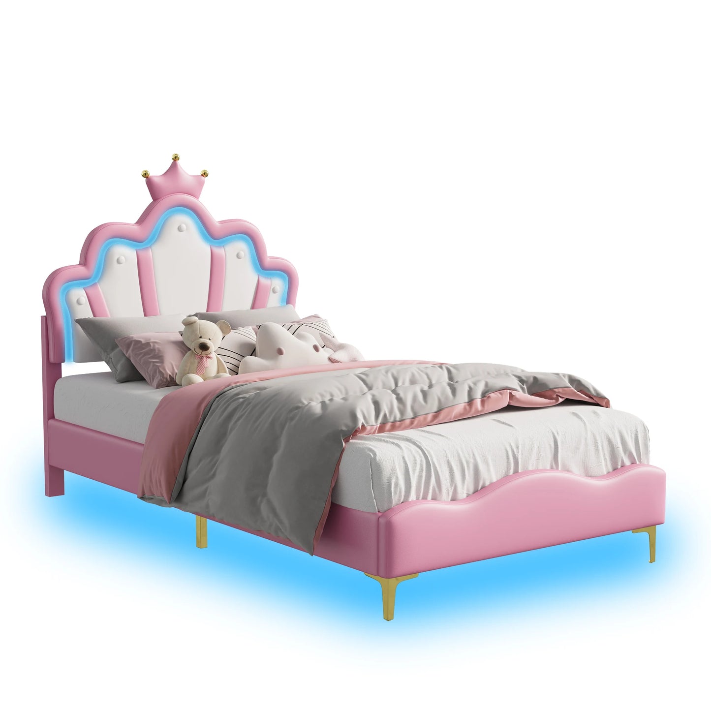 Rosahqnda Kinderbett Mädchen Einzelbett Doppelbett Kinderbett Prinzessin Kronenform Bett Verstellbares Kopfteil