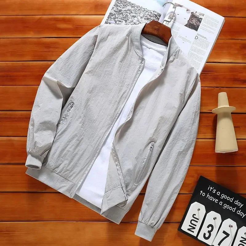 2024 Summer New Thin Style Round Neck Long Sleeve Screw Thread Zipper Jacket Man Solid Color Pockets Casual Sunscreen Clothing.