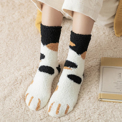 Women Winter Warm Fluffy Socks Cute Animal Claw Cat Paw Footprint Fuzzy Socks Female Thick Coral Fleece Home Floor Sleep Socks.