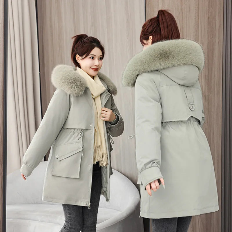 Winter dame Winter Stepp Mantel Abnehmbare Futter Pelz Kragen Gürtel Parka Jacke Für Frauen Verdickt Thermische frauen Mantel