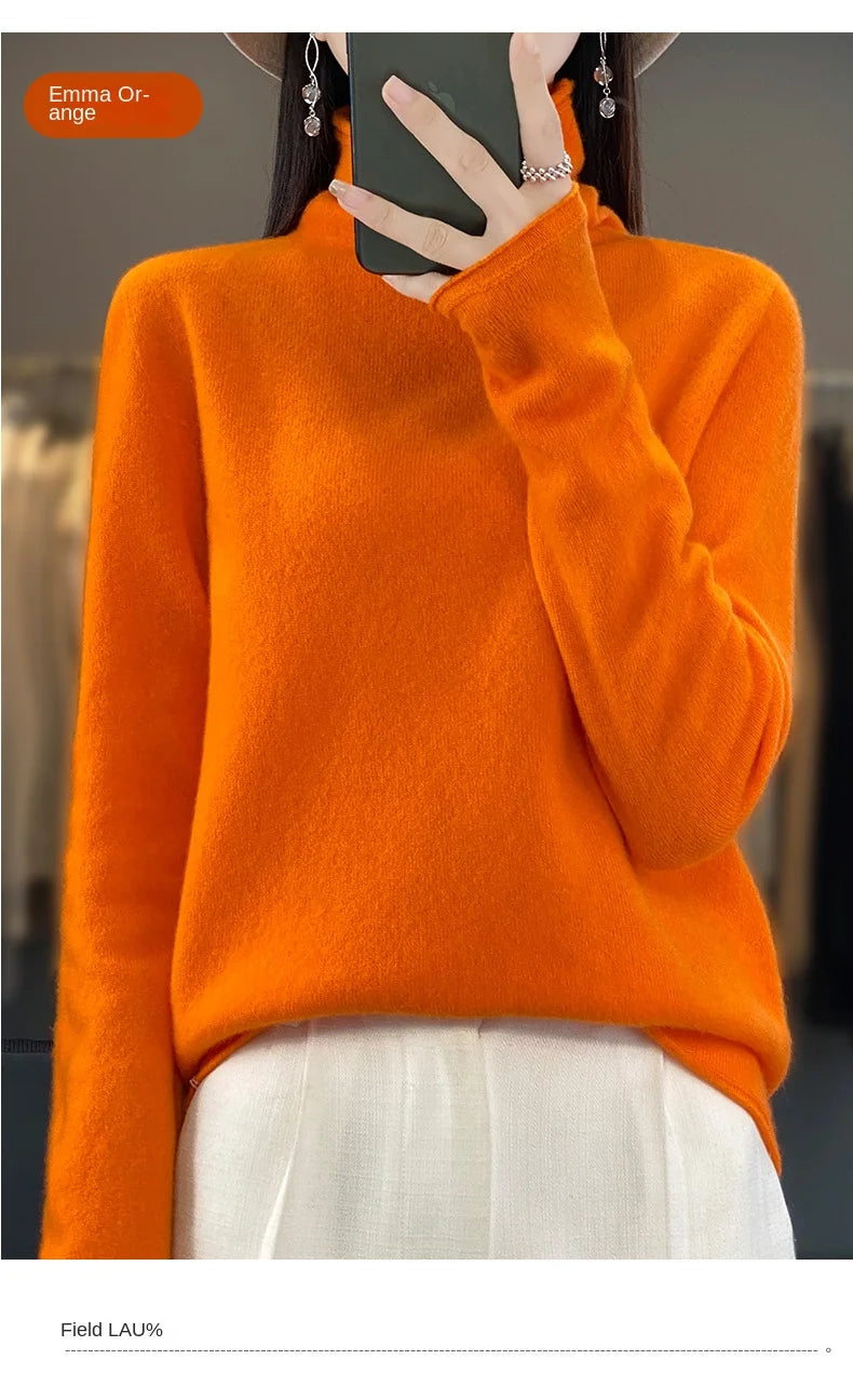 2025 100% Merino Wool Sweater Elegant Cashmere Pullover Women Pile Collar Long Sleeve Knitwear Basic Clothing  Jumper Tops.