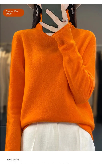 2025 100% Merino Wool Sweater Elegant Cashmere Pullover Women Pile Collar Long Sleeve Knitwear Basic Clothing  Jumper Tops.