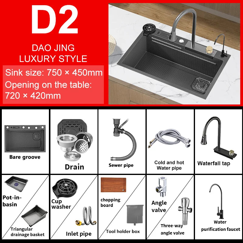 Large Single Slot Embossed Stainless Steel Waterfall Kitchen Sink  Household Wash basin Dishwashing  Sink For Kitchen