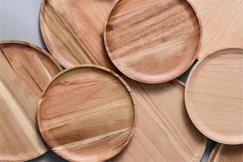 15/20/25cm Wooden Round Serving Platter Tray Retro Wood Pizza Salad Plate Fruit Dessert Tray Bread Cake Container Snacks Dish.