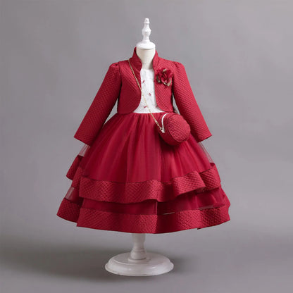 Neues Herbst/Winter Langarm-Partykleid, elegantes Mädchen-Stickerei, Weihnachts-Performance-Kleid, Geschenktüte für Kinder im Alter von 3–11 Jahren