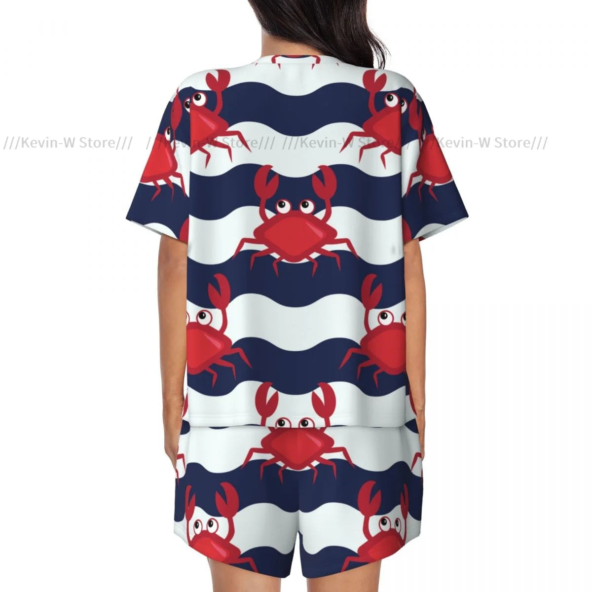 Damen-Pyjama-Set, nautische Krabben, niedliche Krabben und gestreifter Hintergrund, Sommer-Kurzarm-Anzug für Damen, Homewear.