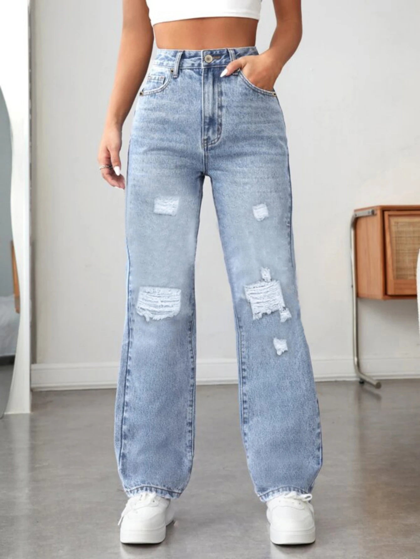 Women's pocket-breaking casual Denim wide-leg pants.