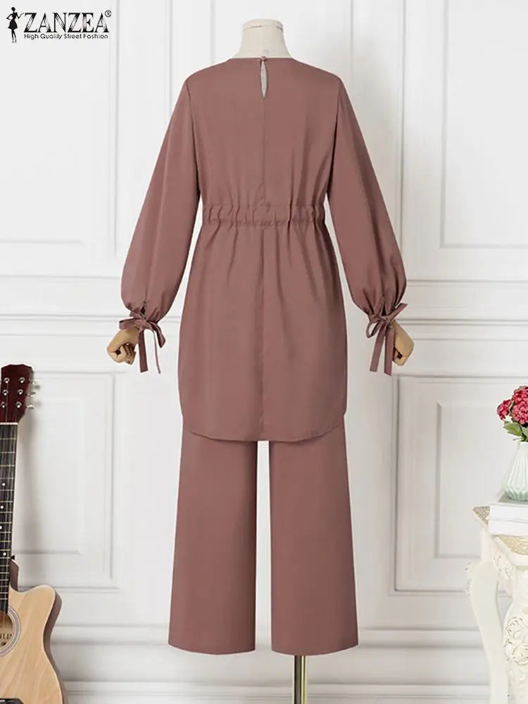 ZANZEA Muslim Women Matching Sets Long Sleeve Solid Color Tops And Loose Pant Suits Elegant Fashion Casual Tracksuit Kaftan 2025.