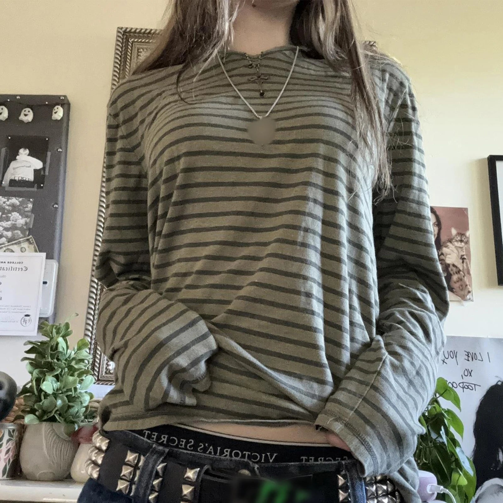 Y2k Teen Striped Long Sleeve T-Shirts Fairy Grunge Print Baggy Tops Vintage Harajuku 2000s E-Girl Shirts Vintage Streetwear.