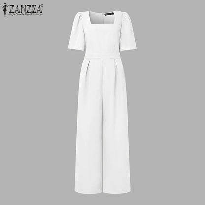 ZANZEA Street Fashion Elegant Womens Jumpsuits Sqaure Neck Short Sleeve Fitted Waist Wide Leg Pant Overalls Summer Streetwear.