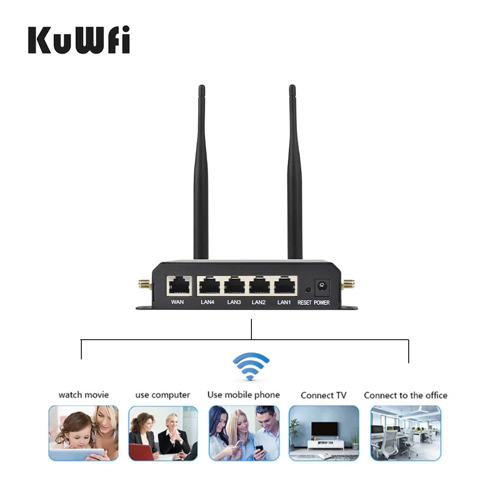 KuWFi 4G LTE WiFi Router 2.4G CAT4 300Mbps RJ45 Port Support VPN DDNS Firewall Function Wall-Mounted External 4pcs Antennas.