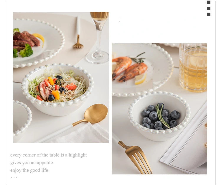Ceramic Tableware Set Nordic Creative Pearls Beaded Edge Western Food Snack Plate Rice Bowl Soup Bowl Steak Plate Set Kitchen.