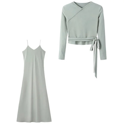 New Autumn Woman Long Sleeve Dress Suit Solid Color Tie With Bow Top And Milk Silk Knit Suspenders Dress Elegant Female Outwear.