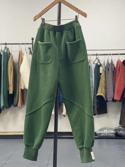 Autumn/Winter 150kg American Retro Cuffed Casual Trousers Men's Korean Slimming Patchwork Fleece-lined Harem Trousers Sweatpants.