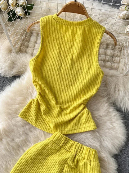 Korean Suits Women's Two Piece Set Summer Slim Fit Sleeveless O-neck Tops High Waist Slits Trousers Two-piece Suit Female D1109.