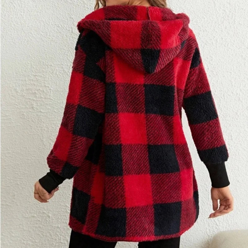 Frauen Herbst Winter Doppel Fleece Plaid Strickjacke Weiche Lose Lange Hülse Plüsch Warme Mit Kapuze Jacke Weibliche Patchwork Oberbekleidung Mantel.
