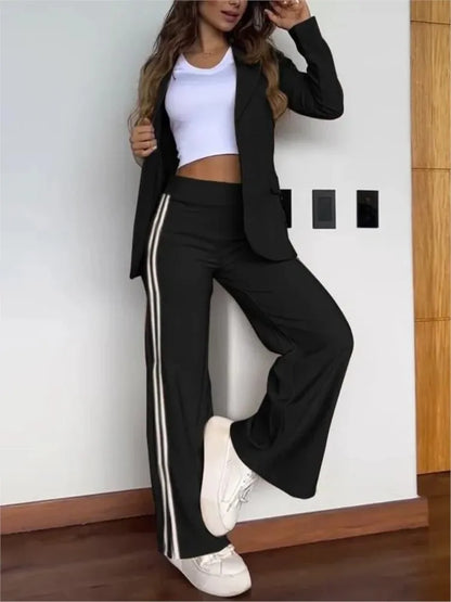 Autumn Winter New Women's Casual Lapel Pantsuit Fashion Splicing Stripes Slit Wide Leg Trousers Female Suit Office Two-piece Set.