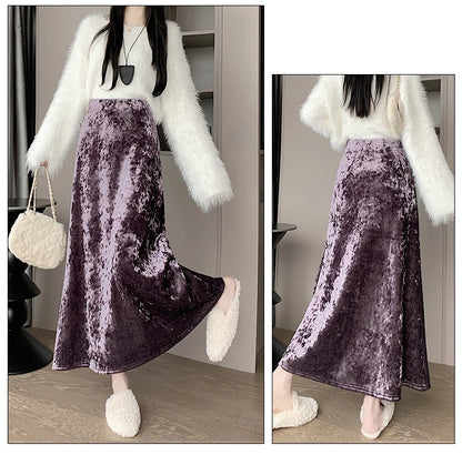 Plush Velvet Midi Skirt - 2025 New High-Waisted A-Line Mermaid Hem Skirt, Fleece-lined, Autumn Winter Thick Velvet Skirt.