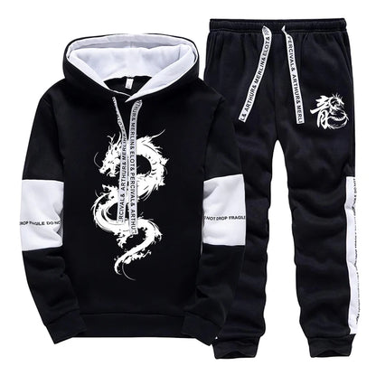 Men's Hooded Sweatshirt Sweatpants 2pcs Set Urban Casual Fashion Hoodie Outfits Dragon Printed Pullover Male Sporty Jogger Suit.