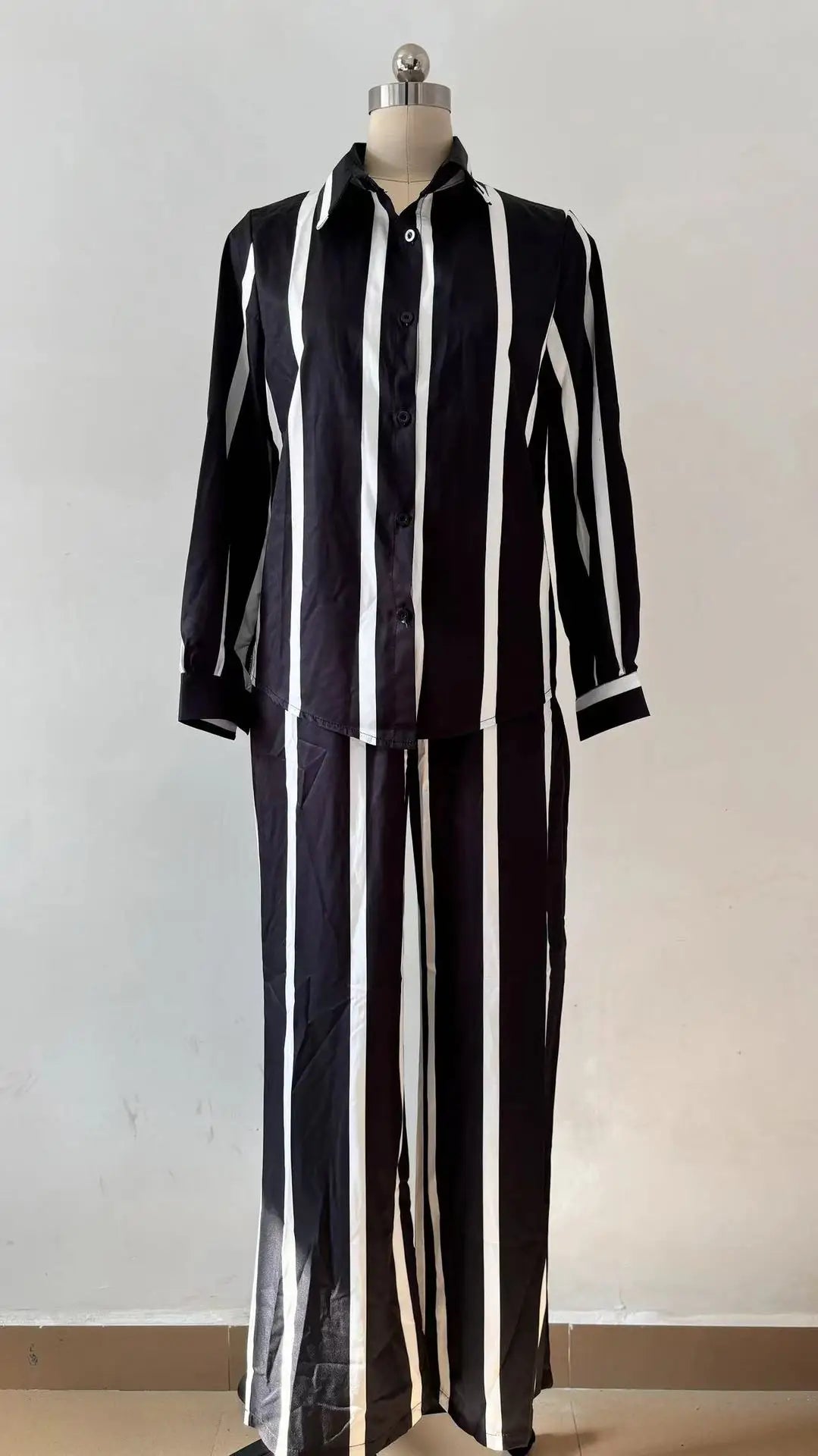 Fashion Striped Print Suit For Women Elegant Lapel Long Sleeved Shirt Elastic Waist Wide Leg Pants Two Piece Set 2024 Autumn New.
