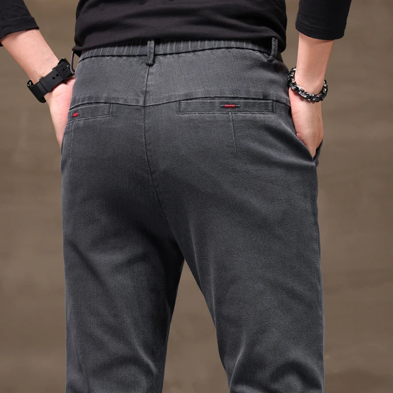 Men's Business Casual Pants Stretch Slim Fit Straight Semi-elastic Waist Trousers Solid Classic Office Work Male Clothing