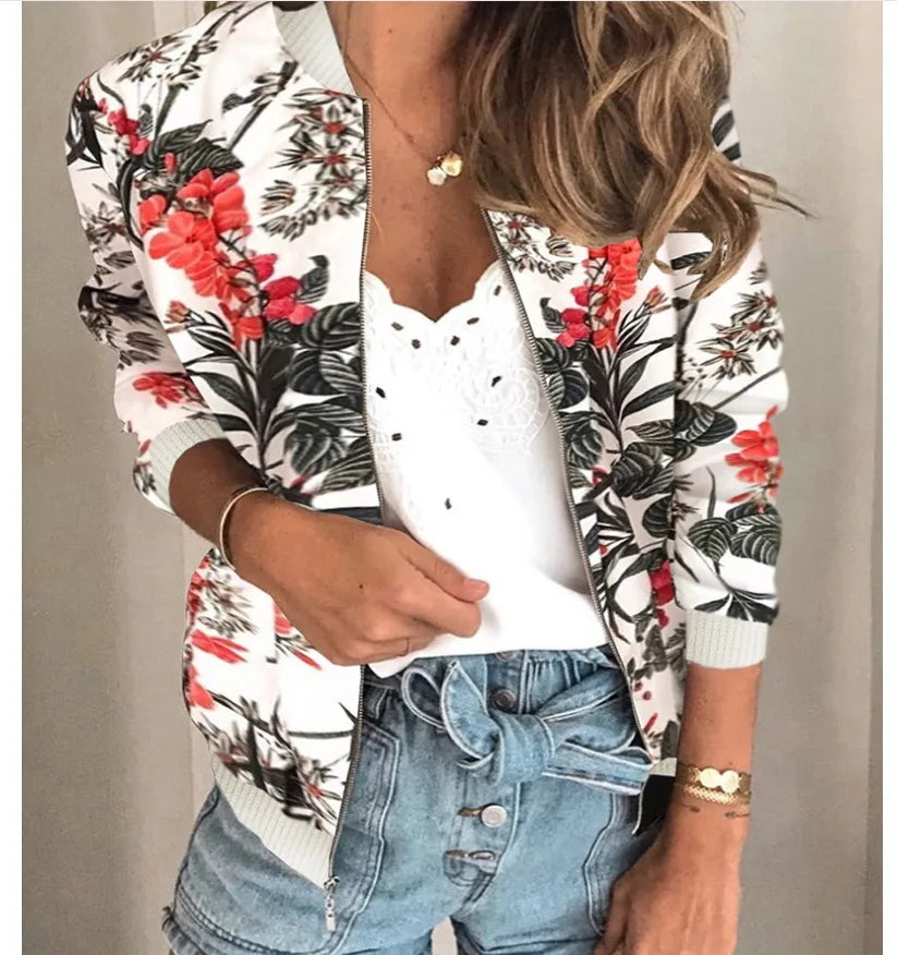Women Elegant Zipper Bomber Jacket Spring Autumn Floral Printed Jackets Office Wear Slim Office Coat Retro Outwear.