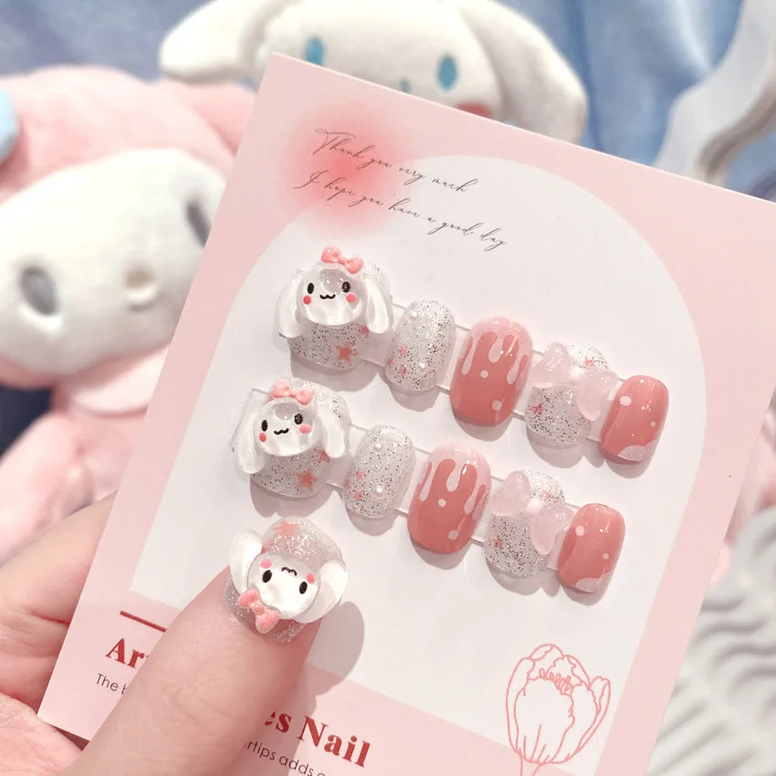 24Pcs 3D kuromi press on nails Y2K Cartoon Handmade Fake Nails Black Gel nail Wearable Nails Cinnamoroll Melody Anime False Nail
