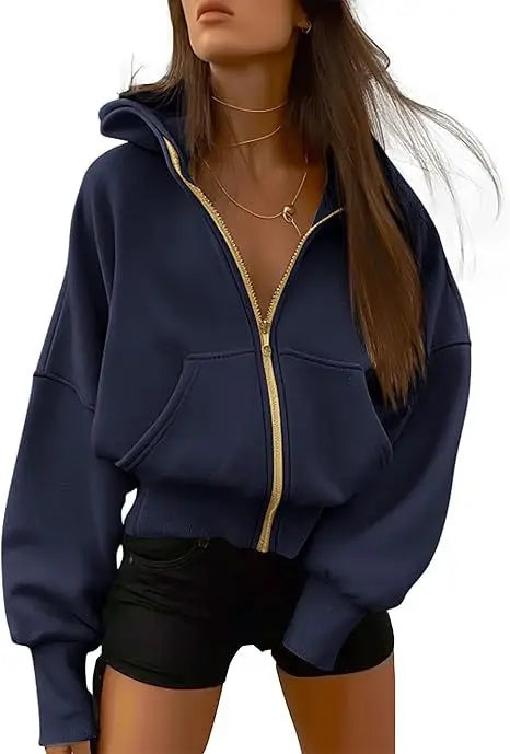 New Solid Color Zipper Splicing Hooded Coat, Women's Autumn Leisure Loose Sports Hooded Long Sleeve Coat Sweatshirt.