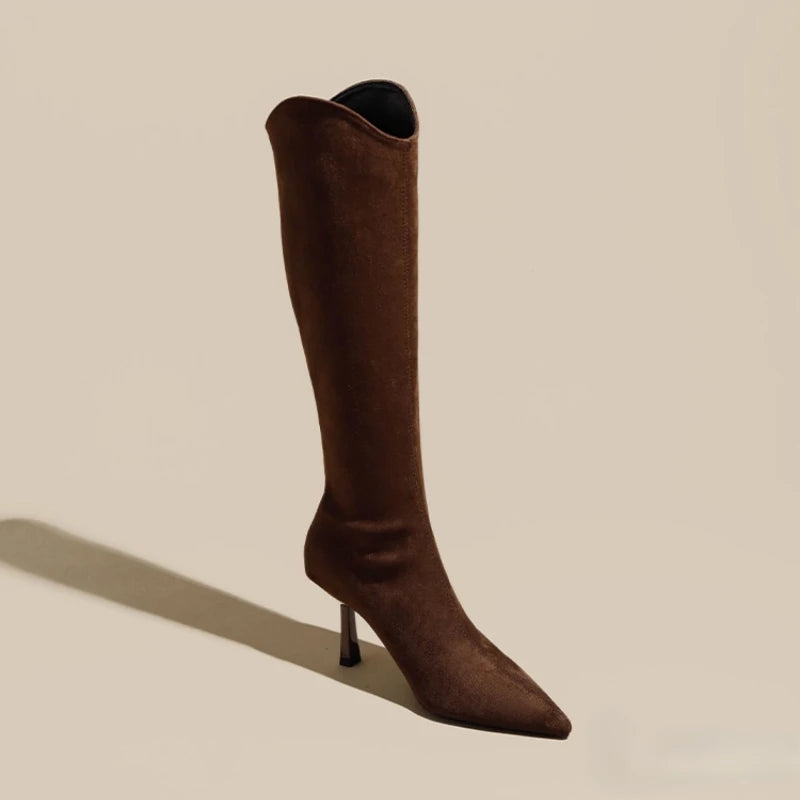 Vintage Pointed Toe Women Stretch Slim High Boots Fashion Back Zippers Shoes Autumn Winter High Heel Ladies Knight Long Booties.