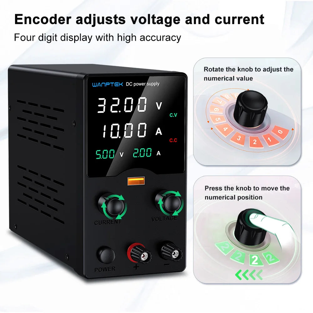 Wanptek DC Lab Power Supply 32V 62V 120V 160V Adjustable Switching Power Supply with 5V 2A USB Charging Display Regulator.