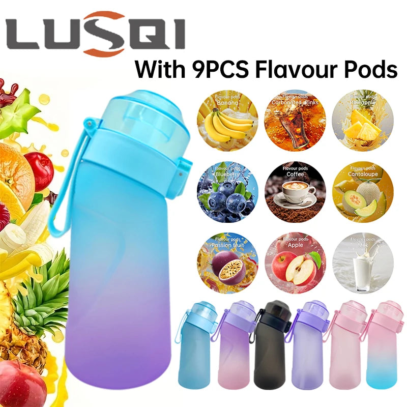 LUSQI 500ML Air Flavored Water Bottle With 9 Flavor Rings Sports Fashion Straw For Outdoor Sports Activities.