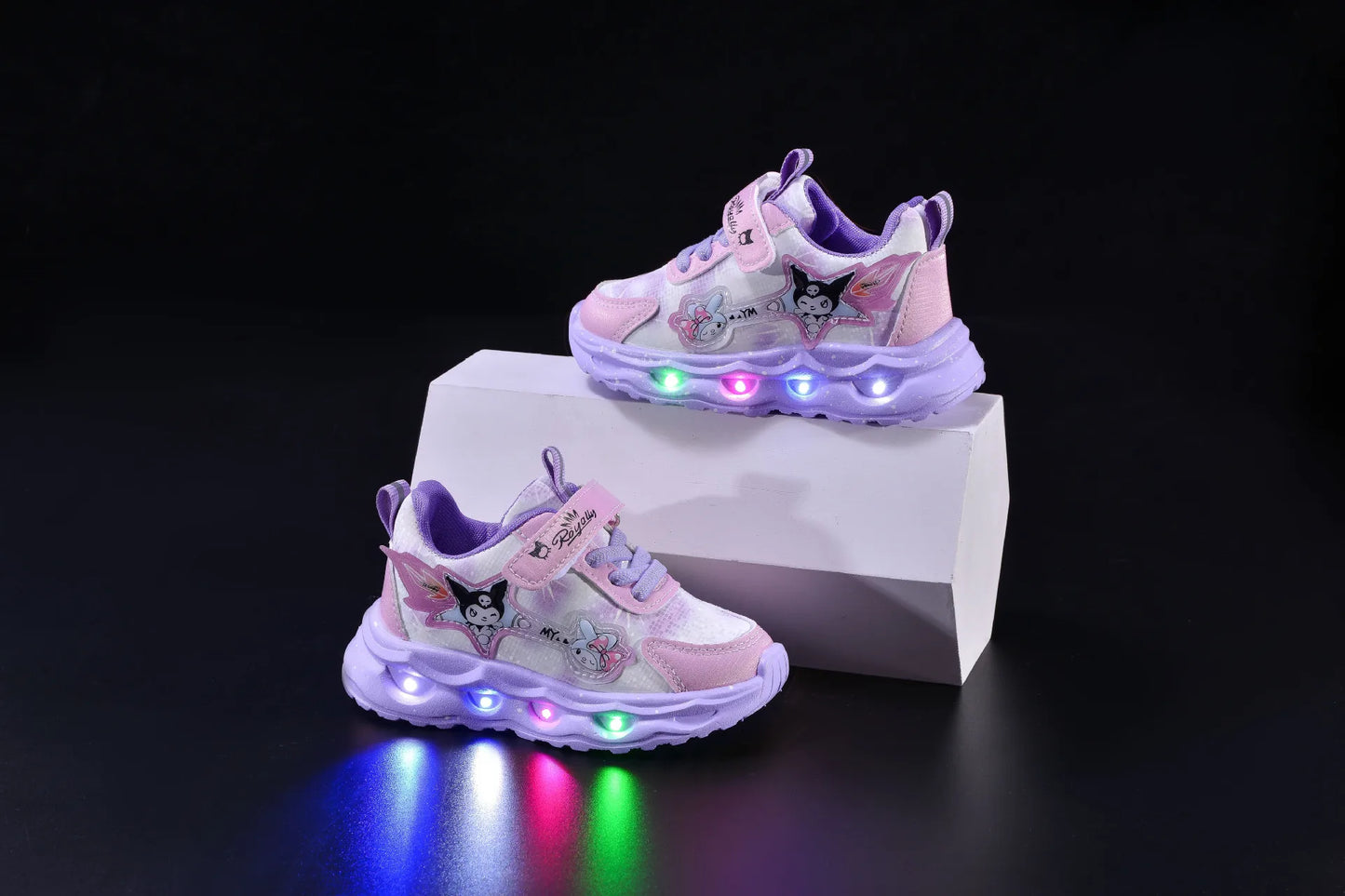 Kids'Casual Shoes Girls Led Light Cartoon PU Leather Spring Fashion Flat Bottom Anti-slip Soft Bottom Pink Purple Size 21-30.