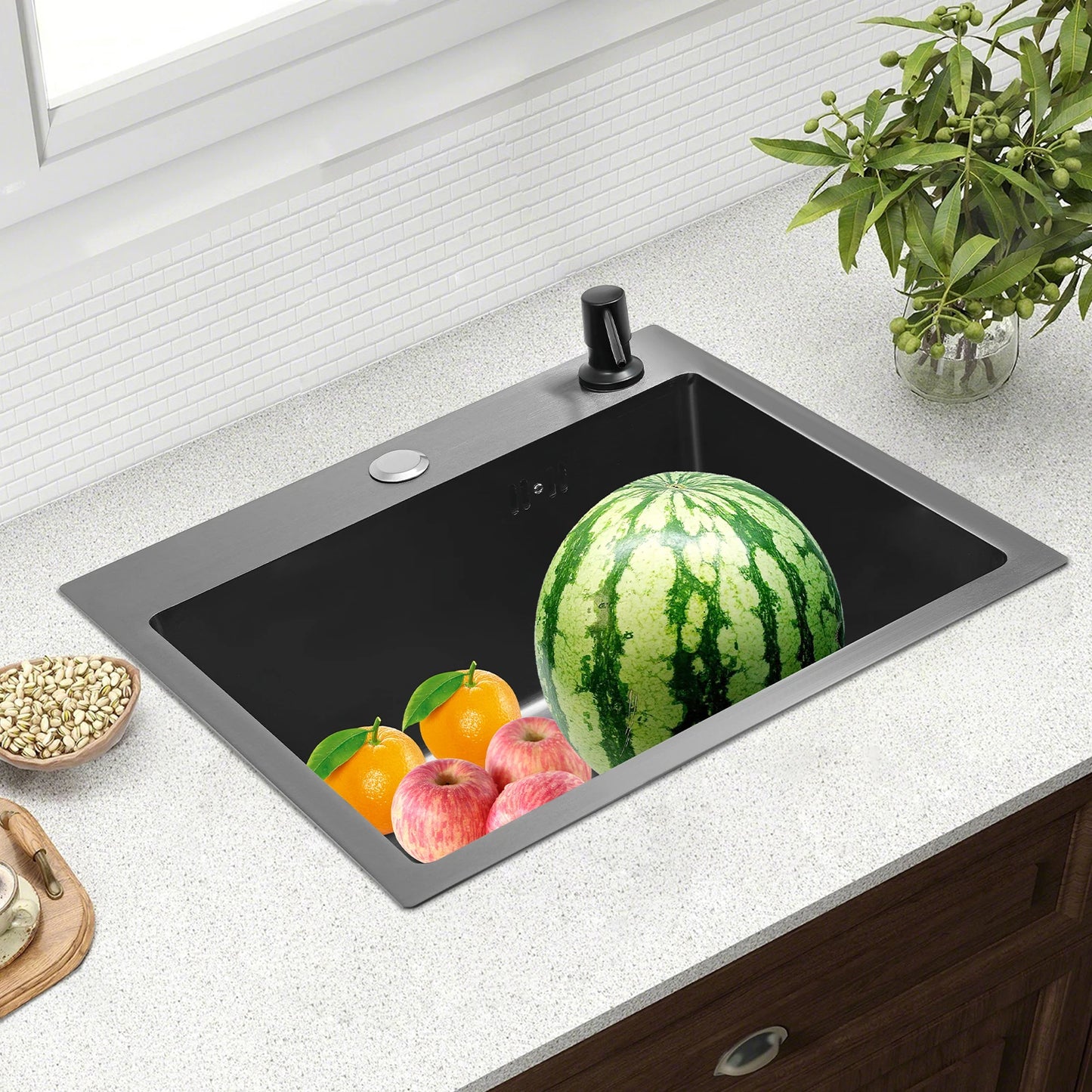 Spülbecken aus Edelstahl 201, schwarz, Deckenmontage, Unterputz-Spülbecken-Set mit Abflusskorb, Seifenspender, Küchenspüle