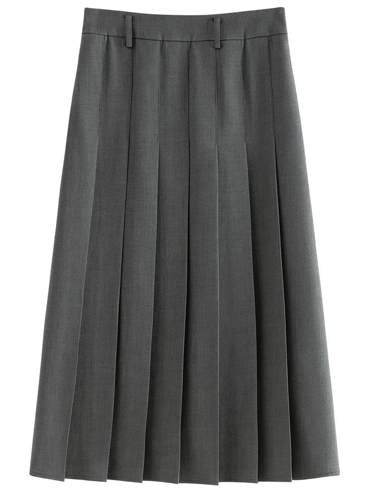 FSLE 2025 New Arrival Women Zipper Waist Office Lady Elegant Grey Skirt Pleated Design Navy Blue Color Long Skirt Daily Outfits.