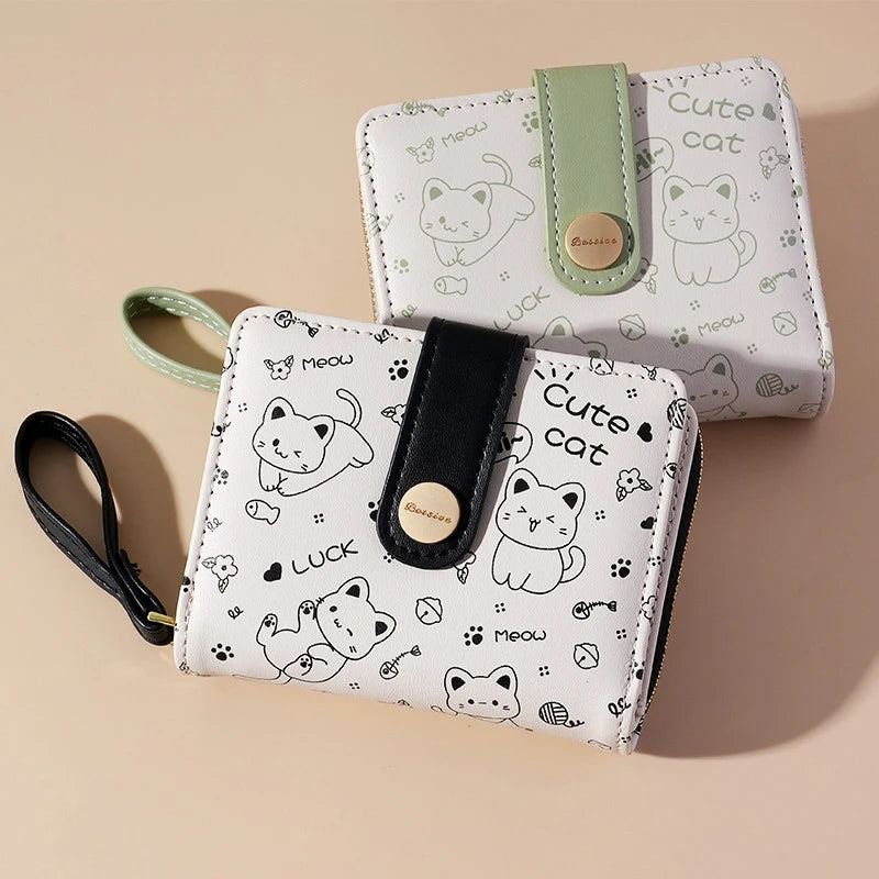 Japanese Cute Cat Girls Wallet Short Student ID Bank Card Holder Money Bag Zipper Wallets For Women Key Storage Purse Coin Purse.