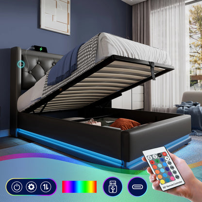 Merax Polsterbett 90x200 Einzelbett USB C Kopfteil 3seitige LED Hydraulik Stauraumbett Schwarz PU