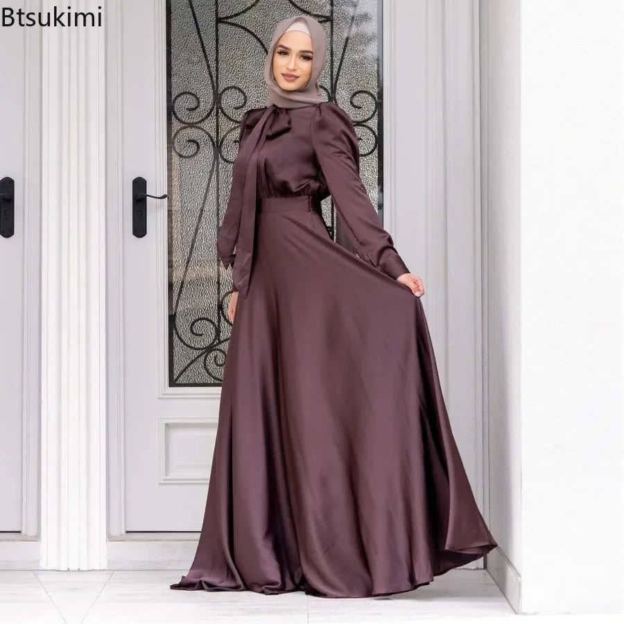 Elegant Satin Dress for Women Muslim Fashion Abaya Hijab Dubai Turkey Evening Dresses Arabic Kaftan Robe Female Islamic Clothing.