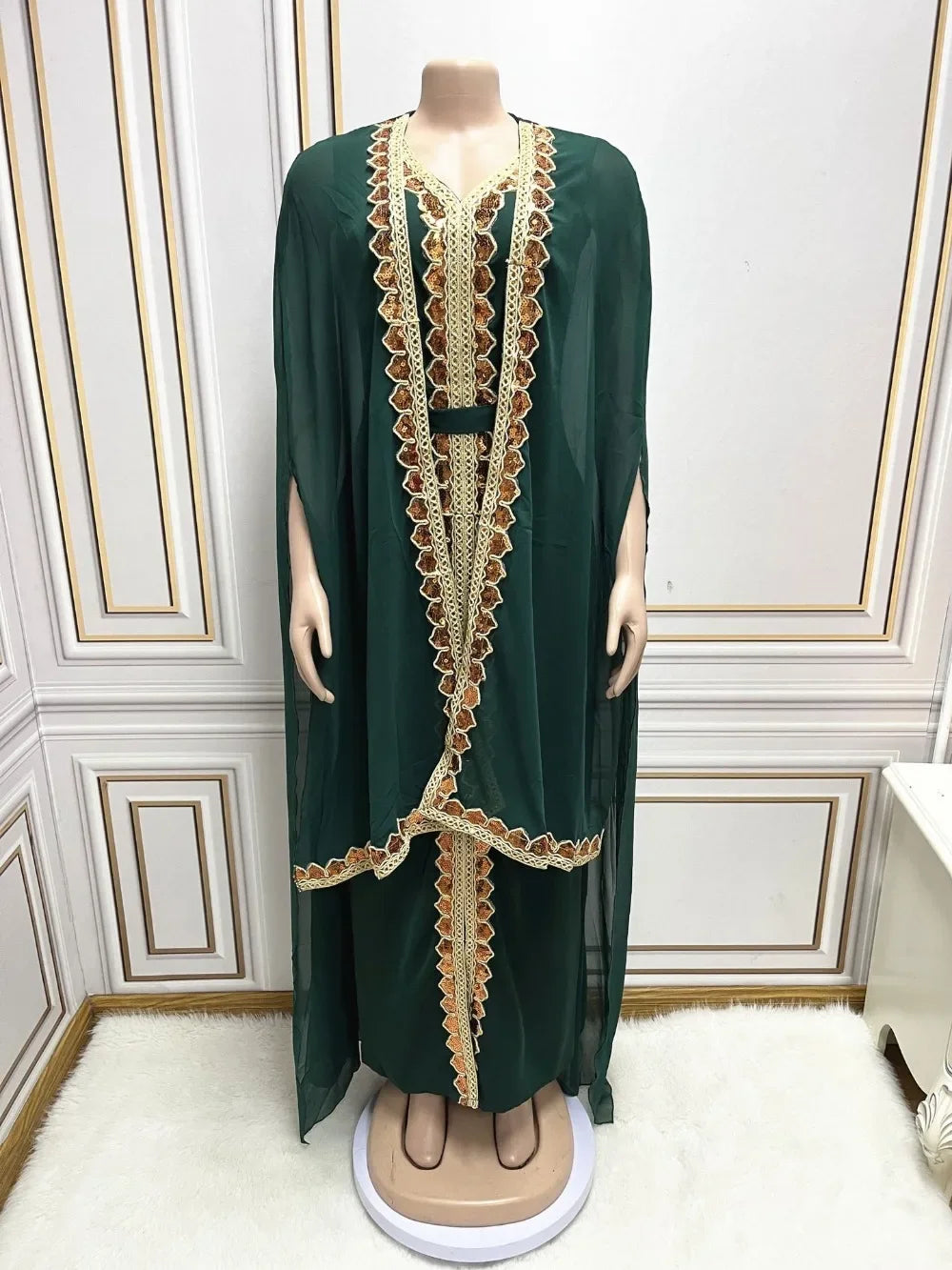 Elegant Muslim Abaya for Women Dress 2 Piece Set Chiffon Cloak Caftan Indian Party Dresses Sequins Kinono Robe Vestidos Abayas.