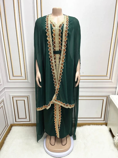 Elegant Muslim Abaya for Women Dress 2 Piece Set Chiffon Cloak Caftan Indian Party Dresses Sequins Kinono Robe Vestidos Abayas.