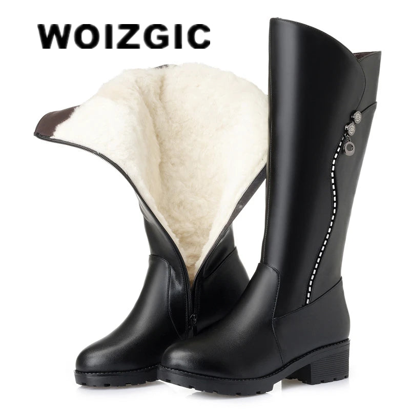 WOIZGIC Women's Genuine Leather Female Ladies Boots Platform Snow Wool Plush Fur Warm Winter Mid Heel Zipper Plus Size 42 43.