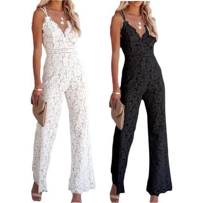 Ladies Elegant Jumpsuit  Spaghetti Straps V-Neck Solid Embroidered Lace Open Back Wide Leg Jumpsuit Long Jumpsuit Black White