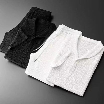 Summer Casual Thin Linen Set Men's Sport Suit Outdoor Wear Short Sleeve Long Pants Two-Piece Set Lightweight Comfortable Fit.