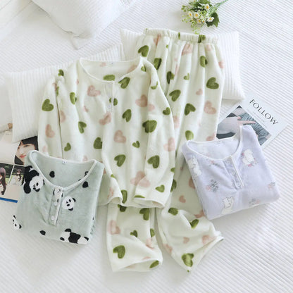 2025 New Winter Women's Pajama Set with Thickened Fleece and Flannel Warm Head Cartoon Comfortable Home Clothing Set Pijama