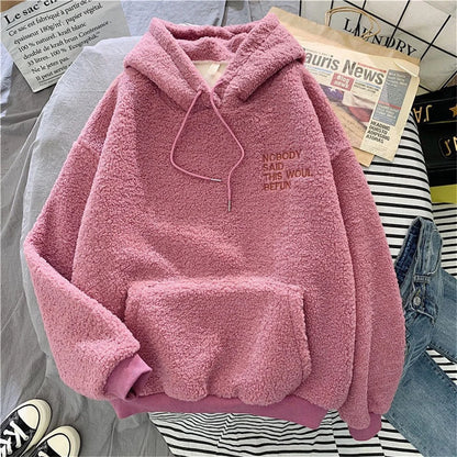 Autumn Winter Fashion Hooded Sweatshirt Women Korean Loose Solid Letter Tops Long Sleeve Warm Outfit Hoodie Lady Casual Street.