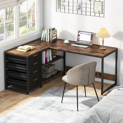 L-förmiger Computertisch mit Schubladen, 59-Zoll-Eckschreibtisch mit Regalen, Arbeitszimmer-Schreibtisch für das Heimbüro