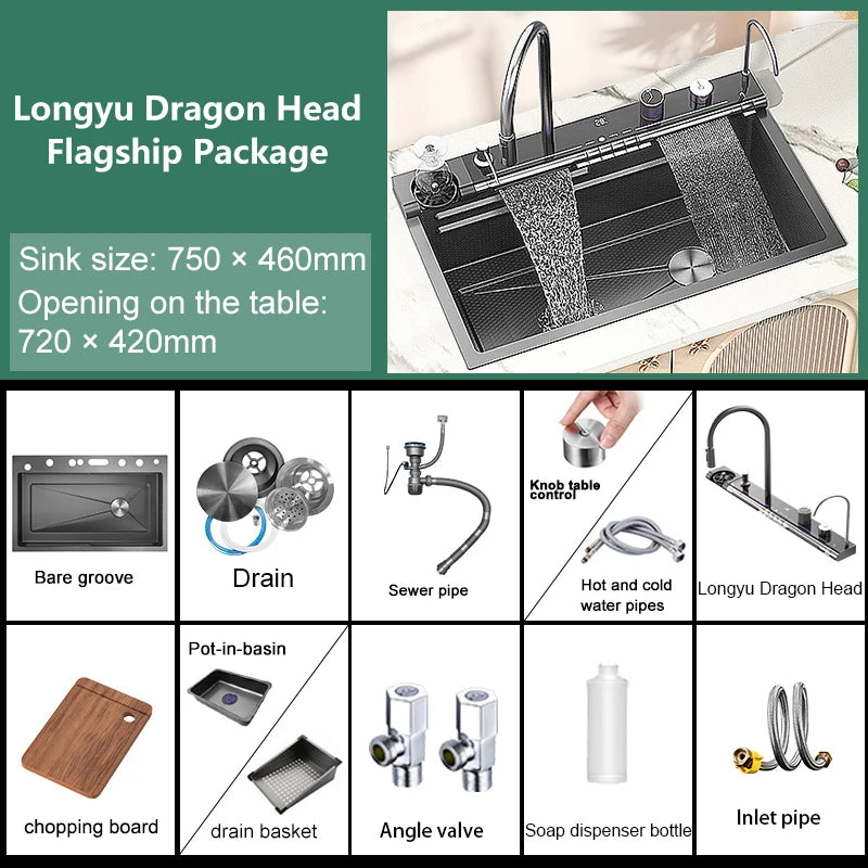 Stainless Steel Digital Kitchen Sink Large Waterfall Pull Out Faucet Honeycomb Embossed Sink Set