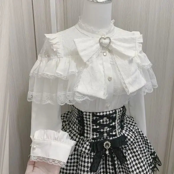 Japanese Mine Lolita Bow Shirt Subcultural Shirts Female Cute Black and White Lace Long-sleeved Short-sleeved Blouse Women