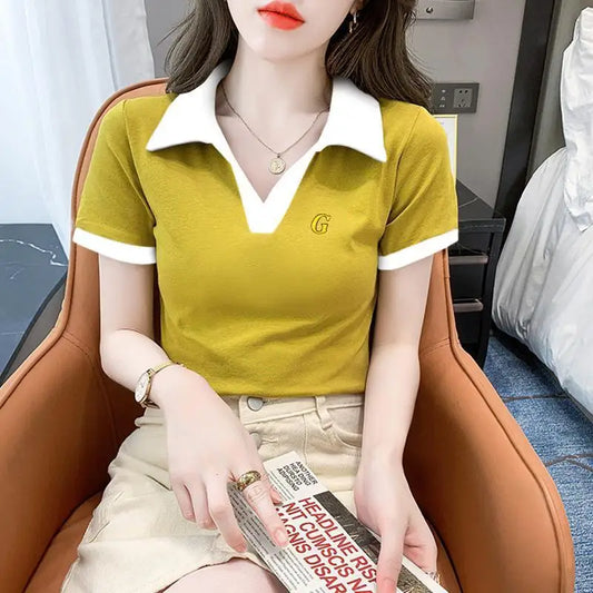 Women's Polo Shirts Slim Female Tee Plain Graphic T-shirts Embroidery Polyester Y2k Fashion Aesthetic Basic Synthetic Luxury New.