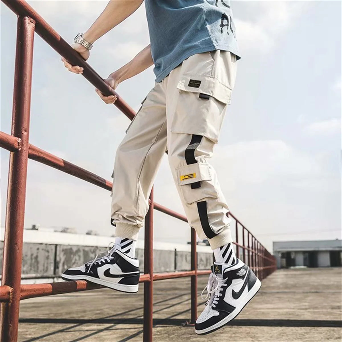 Men's Cargo Pants Casual Hip Hop Hit Color Multiple Pockets Trousers Streetwear Ribbons Techwear Sweatpants Boys.