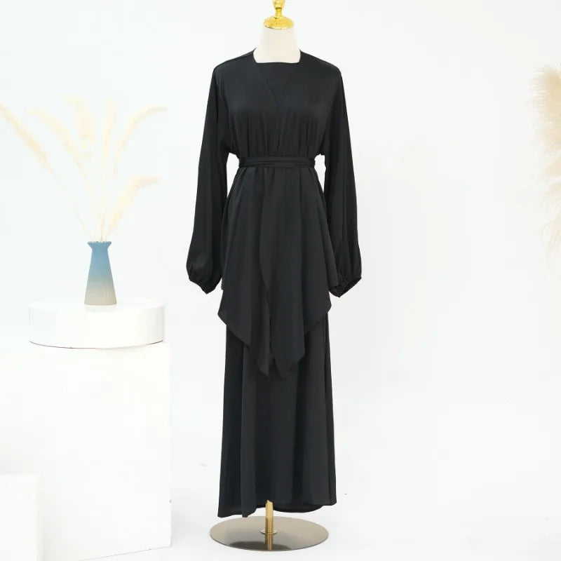 2-teiliges Saudi-Arabien muslimisches Damen-Abaya-Kleid aus Satin für Damen, Islam, Dubai, Urlaub, bescheidene Kleidung, 2024, elegante türkische Robe